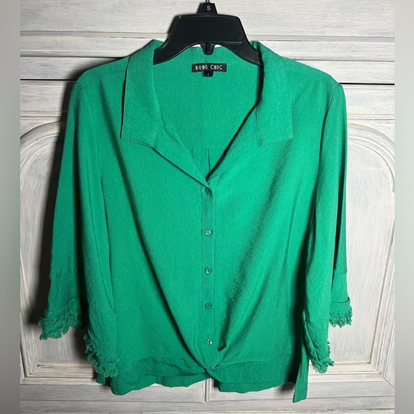 BOHO CHIC Tops - Boho Chic Green Collared Fringe Bell Sleeve Button Up Blouse Relaxed